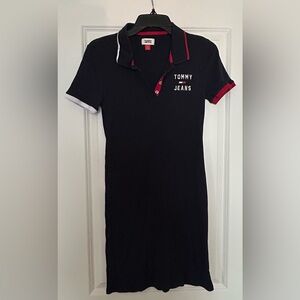 Y2K Tommy Jeans Hilfiger Navy Ribbed Collar Mini Dress Medium Coastal Nautical